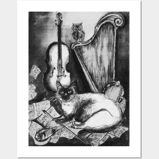 MUSICAL CAT AND OWL WITH MUSIC INSTRUMENTS In Black White Posters and Art